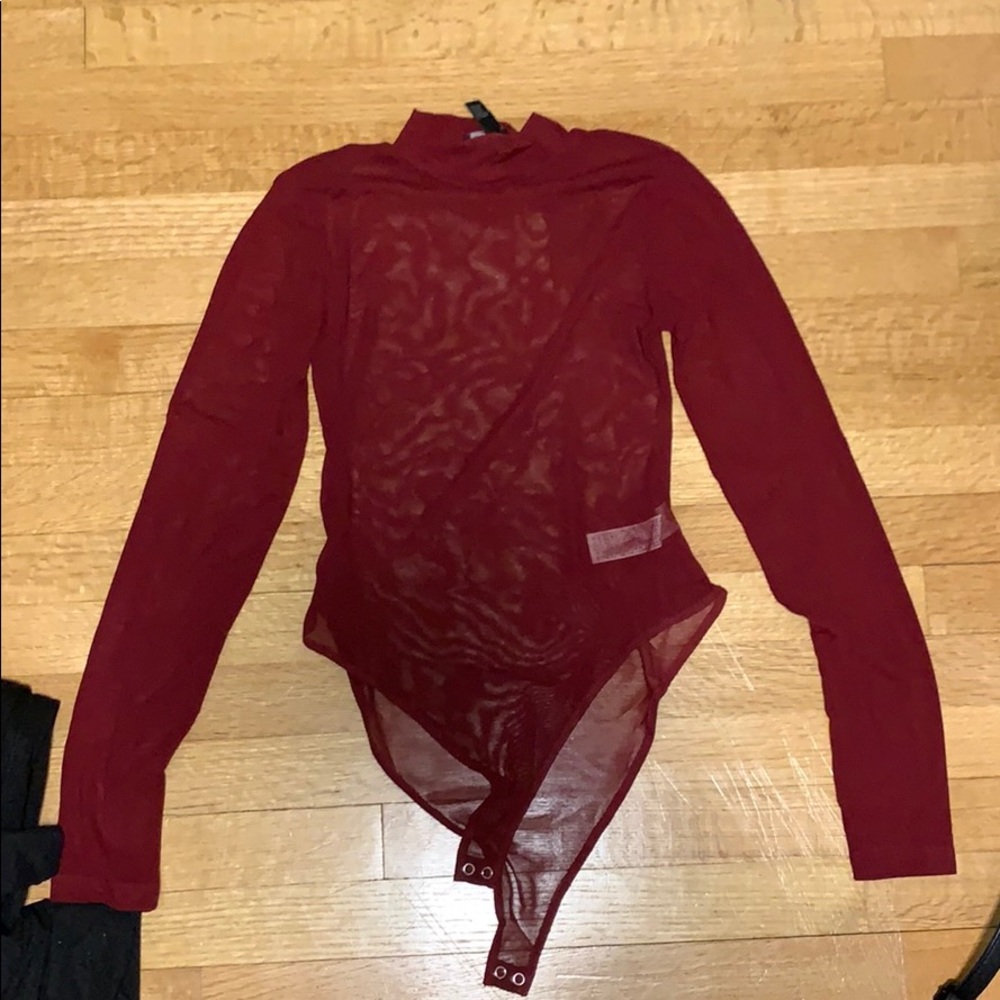 maroon sheer long sleeve bodysuit